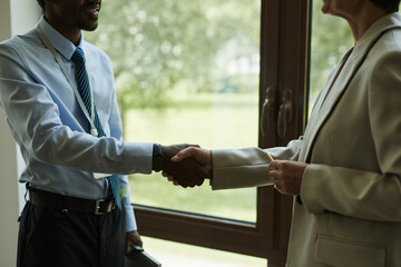 Caucasian middle aged woman and Black man shaking hands in office setting, both wearing business...
