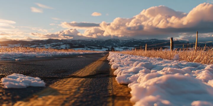 Snowy road at golden hour. Mountains in distance, clouds loom large in a warm, sunny sky. Snow on the roadside and dry grass glow in the light