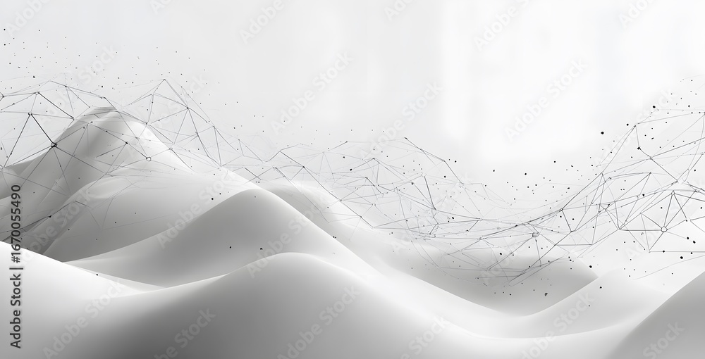 Poster white background with a complex mesh of lines and light gray color waves,