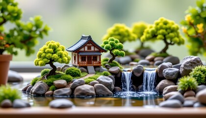 A small, detailed Japanese style bonsai garden with a quaint house by a waterfall, surrounded by rocks and trees in a rectangular wooden planter.