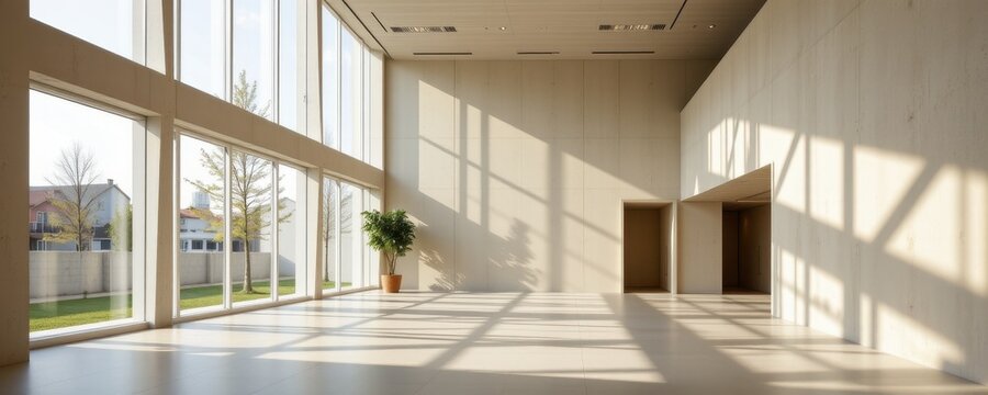 a modern interior illuminated by sunlight through angular openings, casting dynamic patterns on walls and floors, evoking creativity and tranquility.