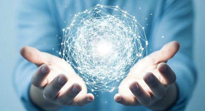 A luminous network sphere is held gently within outstretched hands against a soft blue backdrop.