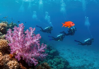 Obraz premium Scuba divers explore vibrant coral reef with orange fish