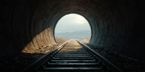 View from Inside a Tunnel Looking Out onto Railway Tracks and Mountain Horizon