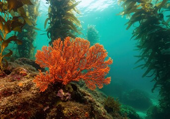 Naklejka premium Vibrant orange sea fan amidst lush kelp forest underwater