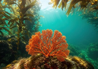 Vibrant orange sea fan amidst kelp forest sunlight