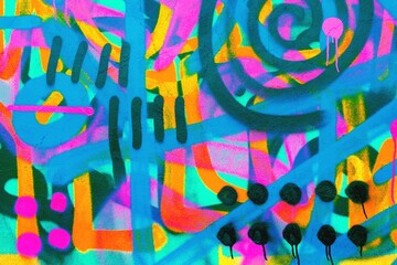 Vibrant neon graffiti with psychedelic swirls in blue, pink, orange. Retro 80s, Y2K style, urban street art, bold shapes. Posters, digital art, urban design, creative banner.