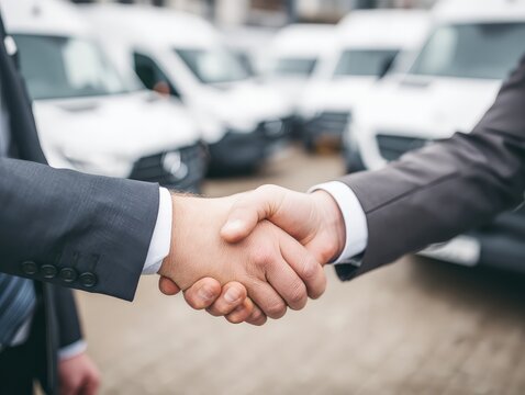 Two business professionals engage in a handshake outside, with white vans in the background, symbolizing partnership and agreement.