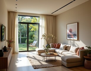 Fototapeta premium soft natural light entering a living room, interacting with textures and shapes, producing a peaceful and harmonious emotional atmosphere.