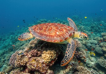 Fototapeta premium Majestic sea turtle glides above vibrant coral reef