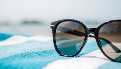 Stylish Sunglasses on Colorful Beach Towel with Ocean in the Background