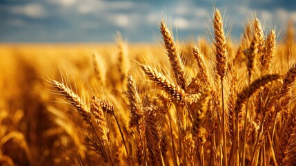 Fototapeta premium A golden wheat field under a blue sky, showcasing the beauty of agriculture and nature's bounty.