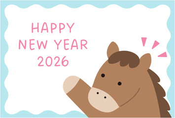 2026年午年の年賀状テンプレート。馬、かわいい、ポップ、ベクター、うま