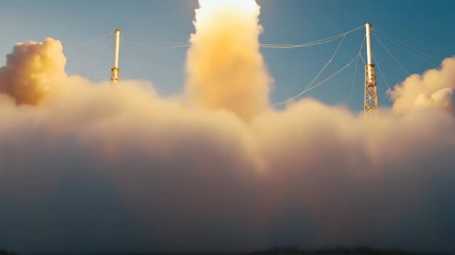 Rocket launch sequence showcasing powerful ignition, ascending flames, and billowing smoke, illustrating the dynamic energy and technological advancement of space exploration