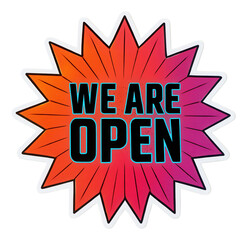 Fototapeta premium Colorful starburst sticker with WE ARE OPEN text in bold style, vibrant retail promo announcement on transparent background.