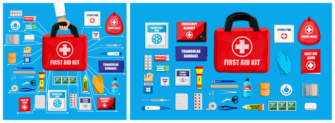 Hand of medical doctor holding red first aid kit with supplies. Healthcare organization in emergencies concept.