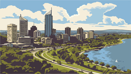 Fototapeta premium Cityscape Skyline Urban Landscape River Park Modern Architecture Summer Day Aerial View Blue Sky Green Trees Buildings Cityscape Illustration Highrise Buildings Urban Design Nature and City Waterfron.