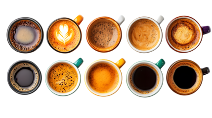 Set with cups of hot aromatic espresso coffee isolated on a transparent background