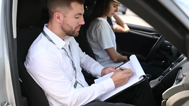 Side view. Woman is with instructor in car, driving school concept.