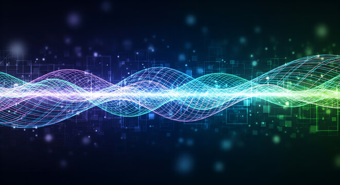 Abstract glowing digital energy wave with a complex mesh structure and vibrant blue to green color gradient.