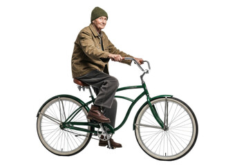 Obraz premium Elderly person, serene, earth-toned jacket, pedals dark green cruiser bicycle on white studio background, concept of tranquil journey