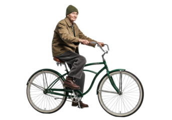 Elderly person, serene, earth-toned jacket, pedals dark green cruiser bicycle on white studio background, concept of tranquil journey
