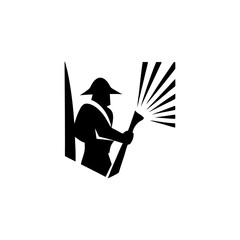 Silhouette of Firefighter Spraying Water Hose Fighting Fire Emergency Rescue Action Vector Illustration