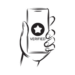 Hand holding smartphone with verified icon featuring a star in black and white sketch style image