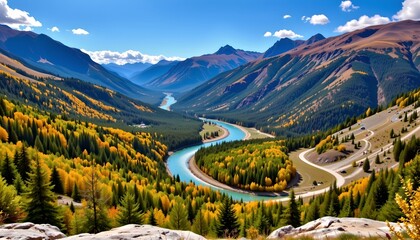 A breathtaking mountainous landscape with a vibrant autumnal forest lining both sides of a scenic highway