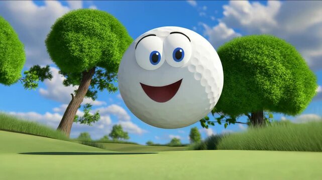 A smiling golf ball is on a grassy field. The sun is setting in the background. The ball is smiling and looking at the camera