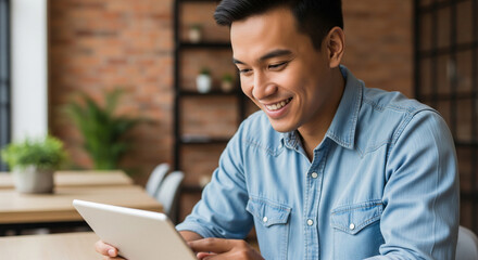 Young, happy man smiling while using a digital tablet in a modern coffee shop, symbolizing casual work, technology, and a positive lifestyle