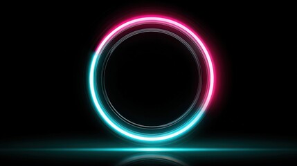 Obraz premium A glowing neon circle with pink and blue hues against a dark background, creating a modern, dynamic visual effect.