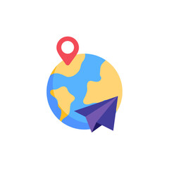 World globe with a location marker a paper airplane flying around it