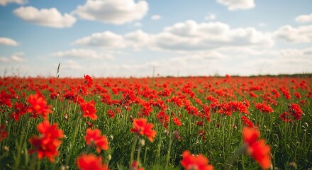 Obraz premium A vibrant field of crimson flowers stretches towards a pale blue sky dotted with fluffy clouds.