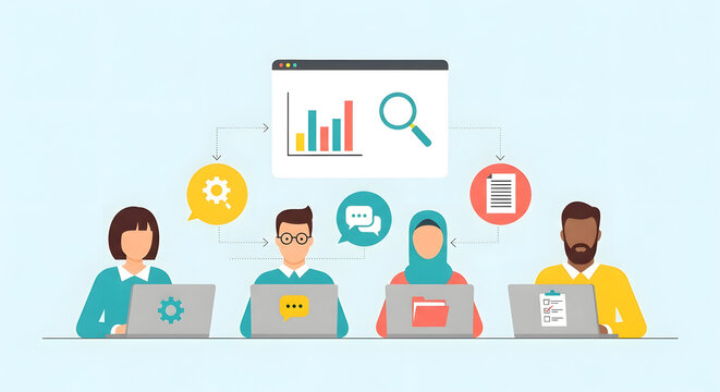 Multicultural group of professionals engaged in online teamwork, analyzing business data and marketing reports on their computers