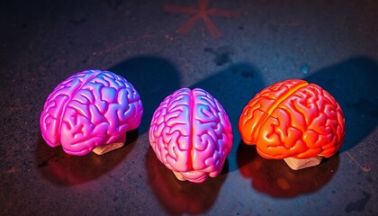 Three brains lie on a floor, one slightly apart,  grey matter,   close-up