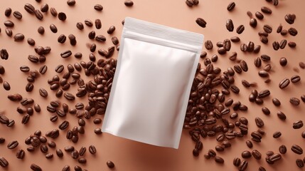 Coffee beans surround white packaging on a neutral background with a minimalist aesthetic for product display and marketing