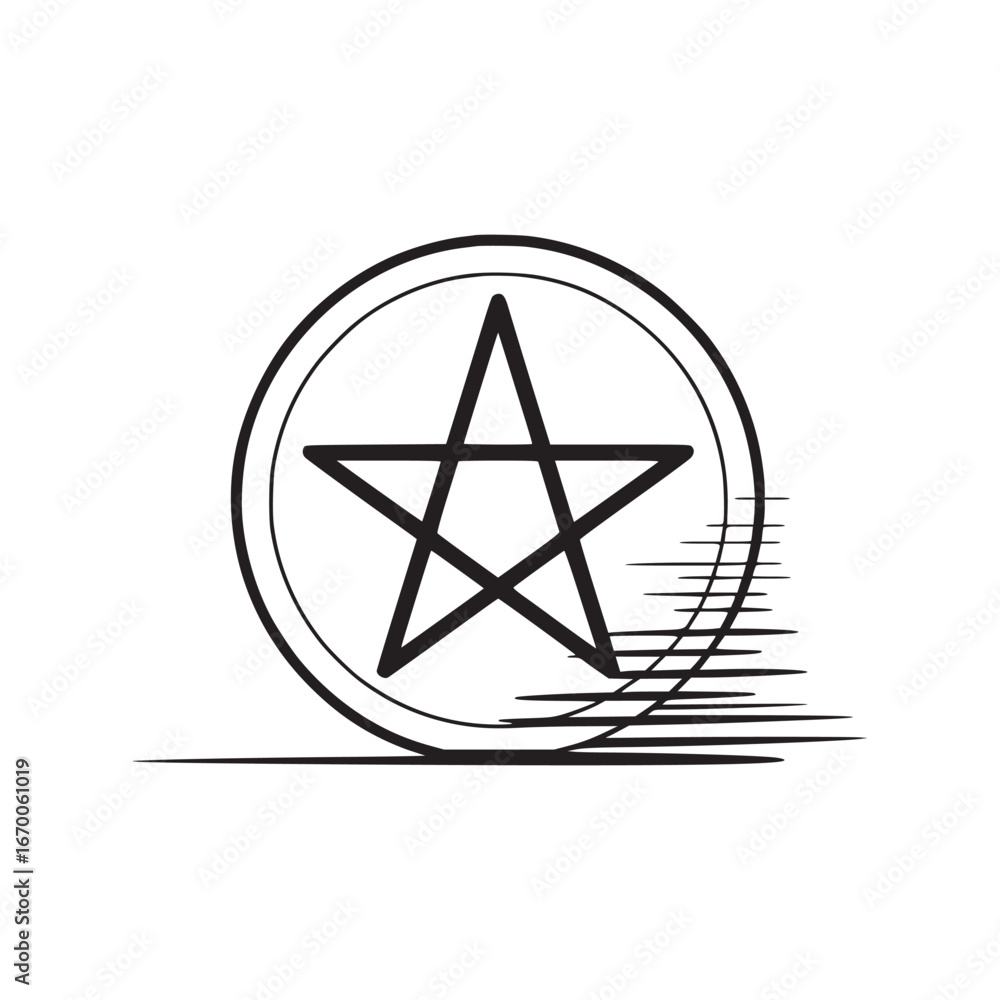 Poster a stylized black and white image of a pentagram inside a circle with motion lines on a white backgro