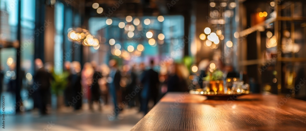 Poster the wooden counter in a busy modern bar with bokeh lights and crowd