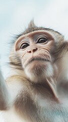 Curious monkey explores camera lens while engaging with its vibrant surroundings in natural habitat under soft daylight