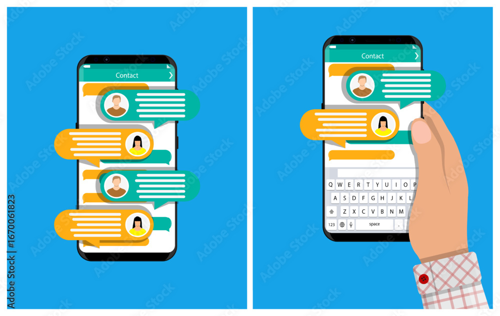 Poster man uses smartphone for messaging. chat on mobile phone with text bubble and keyboard. communication