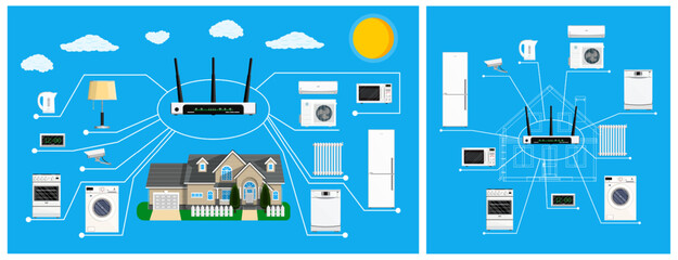 Smart home system connecting various household appliances to a central router. Internet of things technology for automation.