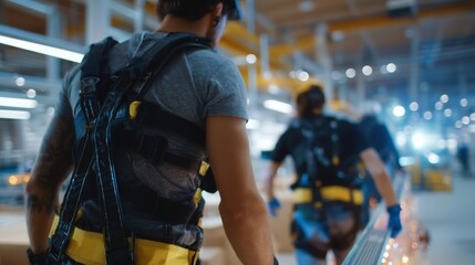 Workers in safety gear perform tasks in a modern manufacturing facility during daytime hours