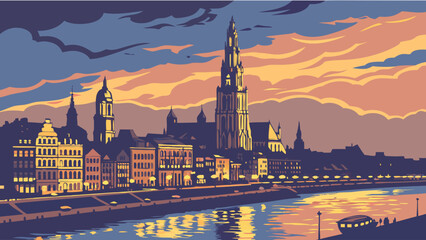 Naklejka premium Vintage Cityscape Illustration River, Bridge, Cathedral, Sunset, Retro Style