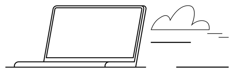 Outline of a laptop with a cloud silhouette beside it, symbolizing online connectivity, remote work, and digital computing. Ideal for themes thumbs up technology, networking, data storage