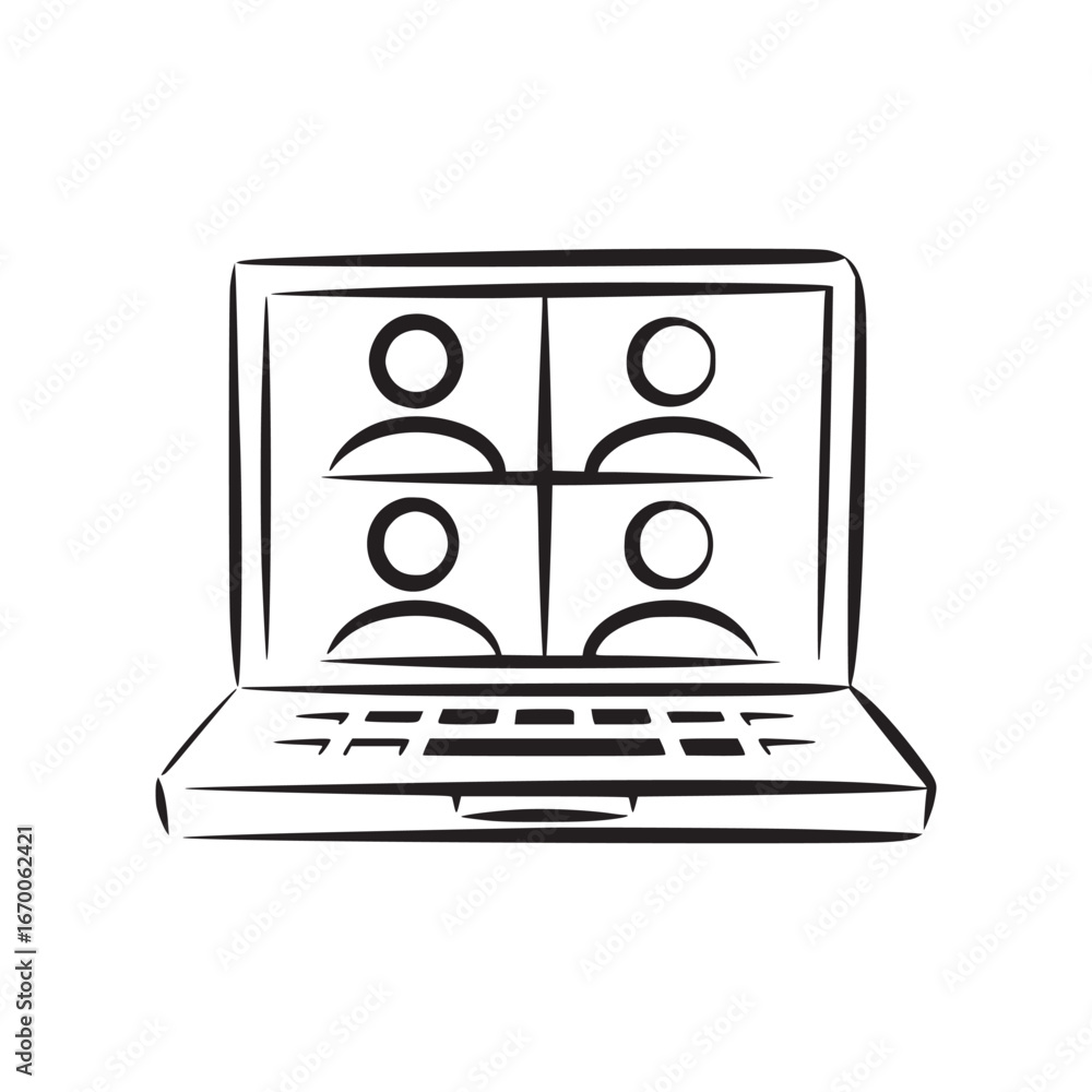 Poster a sketch of a laptop displaying a video conference with four participants in a grid layout on the sc