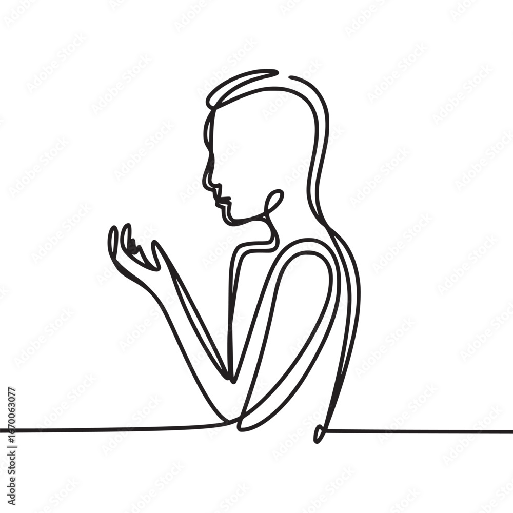 Poster continuous line drawing of a person in profile with hands cupped on a white background design art