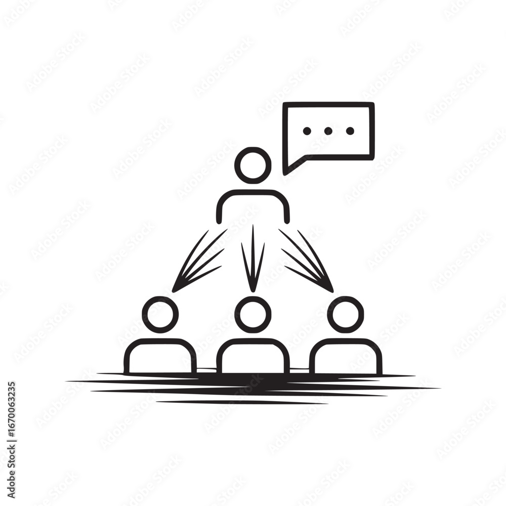 Poster a black and white outline of a leader communicating with a group of three people below them in a hie