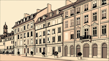 Vintage European Street Scene, Architectural Illustration, Classic Buildings,