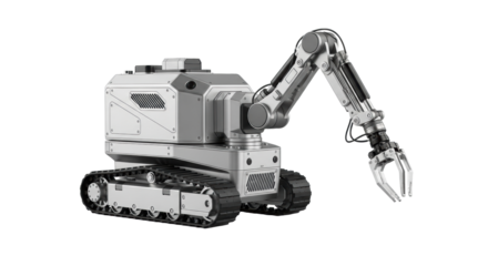 A compact, ultra-sleek metallic silver robotic excavation unit with advanced treads and a multi-articulated arm, isolated on a transparent background with copy space, high-tech product showcase